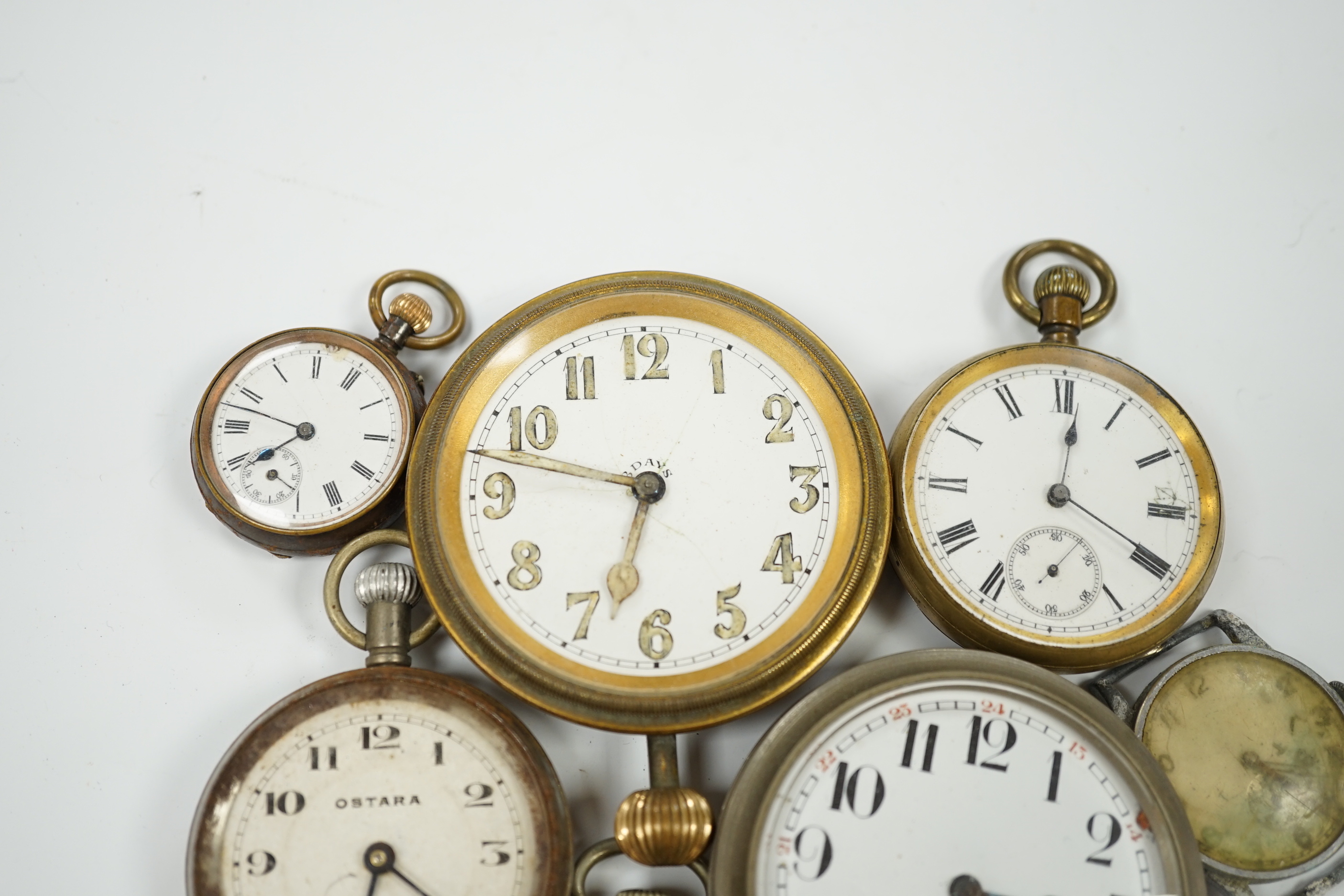 Seven assorted base metal timepieces including Ostara and Medana.